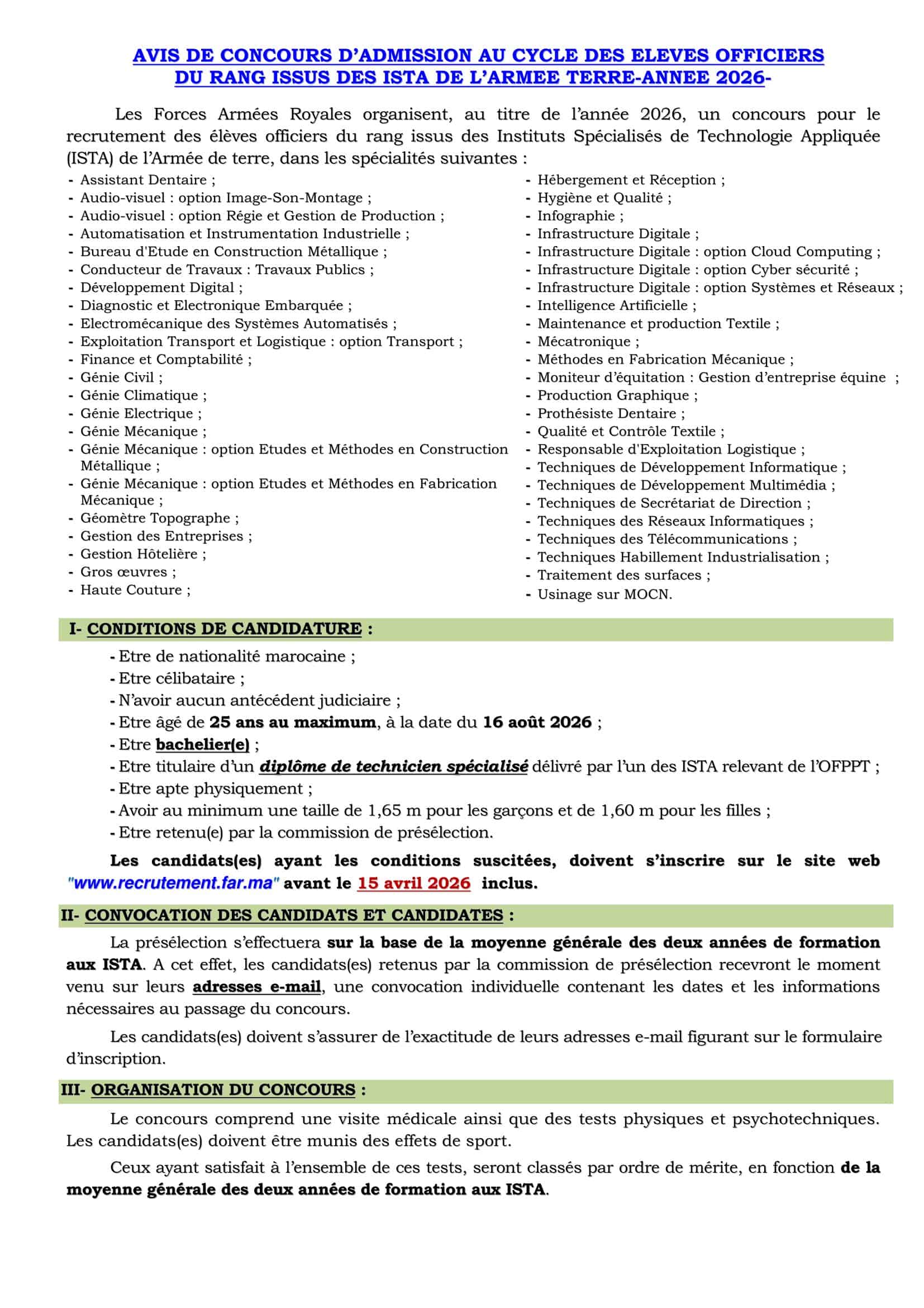 Concours FAR 2026 Officiers du Rang