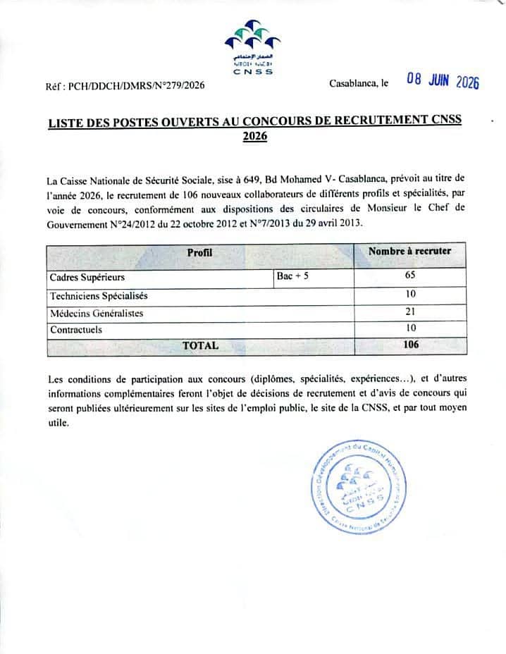 Liste des postes CNSS 2026