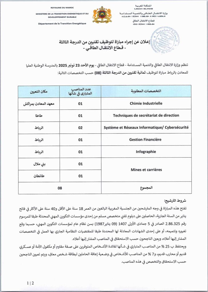 Ministère de la Transition Energétique et du Développement Durable: Concours de Recrutement (8) Techniciens 3ème grade 